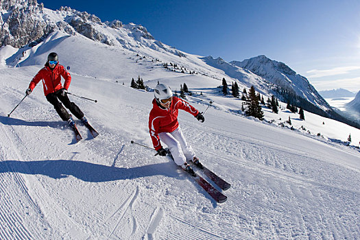 情侣,滑雪,滑雪区,山,提洛尔,奥地利