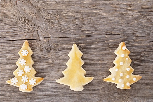 三个,圣诞树,饼干,木头