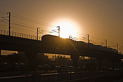 地铁,列车,日落,新德里,印度