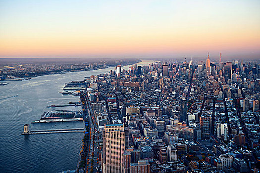曼哈顿,市中心,日落,屋顶,风景,城市,摩天大楼,纽约