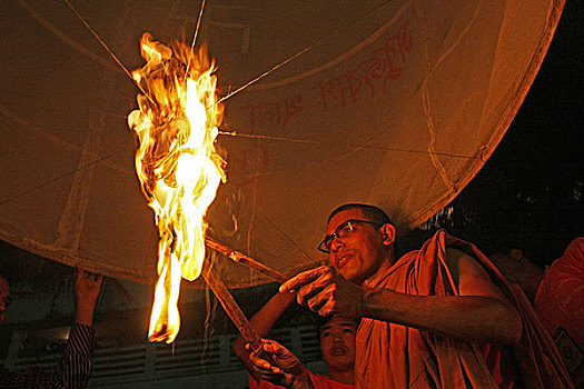 佛教,热气球,夏娃,宗教节日,达卡,孟加拉,十月,2009年
