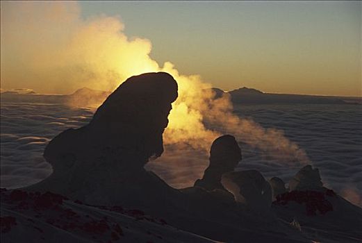蒸汽,喷气孔,日落,山,岛屿,南极