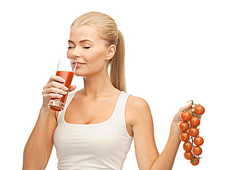 女人,喝,番茄汁,拿着,束,西红柿
