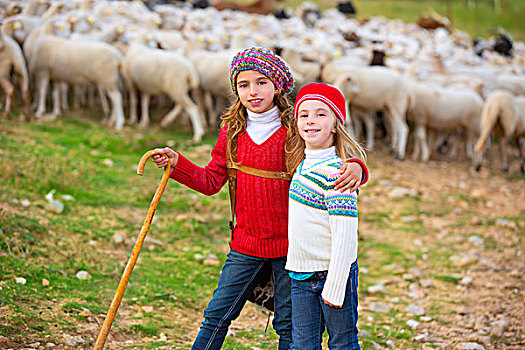 儿童,女孩,姐妹,高兴,羊群,木棒,西班牙