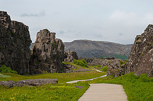 冰岛,南,区域,木板路,裂隙,火山岩