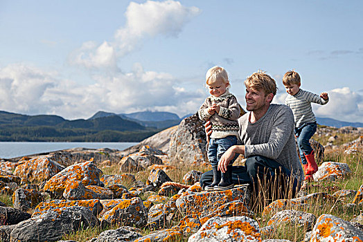 男人,儿子,玩,峡湾,挪威
