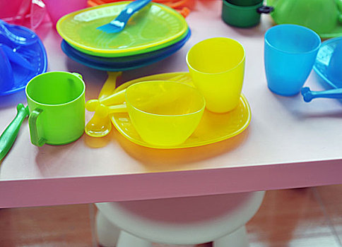 特写,彩色,杯子,碗,叉子,勺子