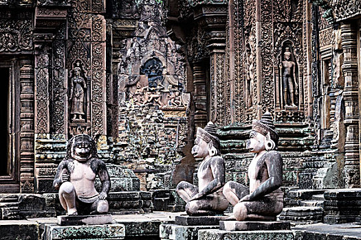 柬埔寨,吴哥窟,女王宫,庙宇,三个,猴子,雕塑,大幅,尺寸