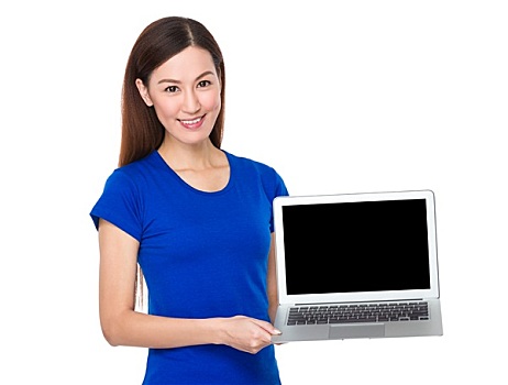 亚洲女性,展示,空白标志,笔记本电脑