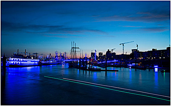 蓝色,港口,汉堡市,夜晚