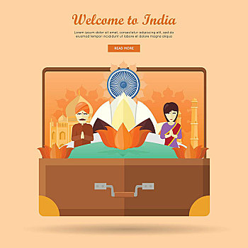 印度,旅行,旗帜,地标建筑,手提箱,欢迎,风景,传统,照片,度假,局部,序列,世界,矢量,插画
