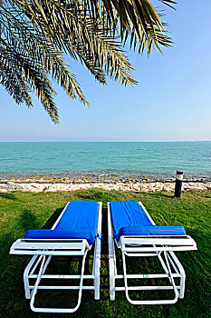 沙滩椅,远眺,波斯湾,多哈,卡塔尔,中东,亚洲