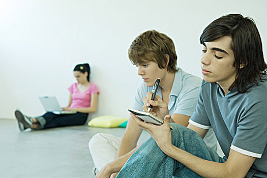 青少年,朋友,坐在地板上,一个,文字,笔记本电脑