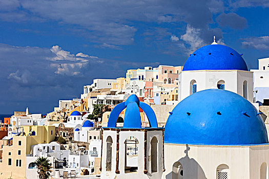 蓝色,屋顶,教堂,岛屿,城市,搂抱,陡峭,山,锡拉岛,希腊