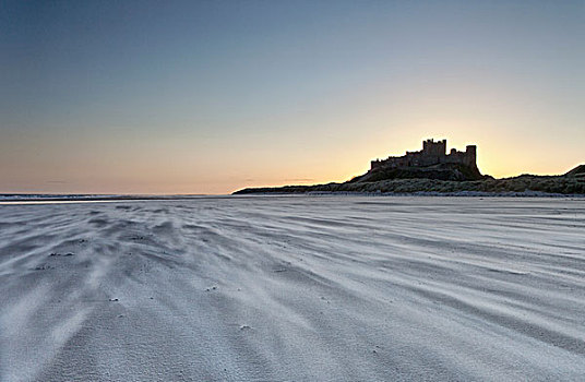 沙子,吹,海滩,城堡,远景,日落,诺森伯兰郡,英格兰