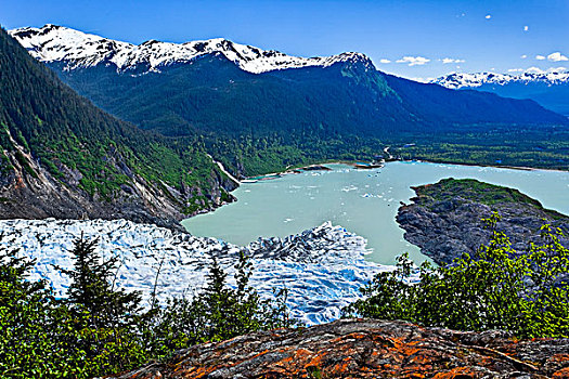 景色,远眺,棉田豪冰河,湖,西部,冰河,小路,东南阿拉斯加,夏天