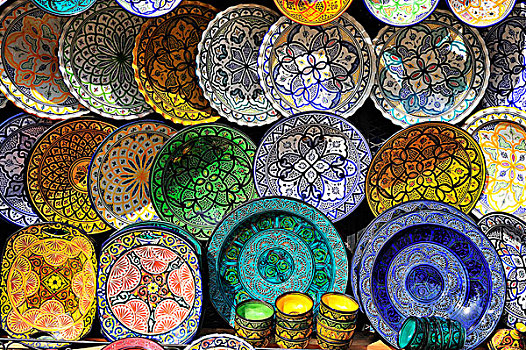 彩色,涂绘,陶瓷,盘子,传统,图案,装饰,即兴重复段,山峦,摩洛哥,非洲