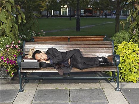 男人,睡觉,公园长椅
