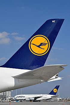 两个,空中客车,汉莎航空公司,停放,位置,标识,后面,翼,慕尼黑,机场,上巴伐利亚,巴伐利亚,德国,欧洲