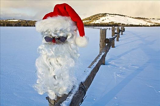 圣诞老人,脸,胡须,帽子,墨镜,栅栏柱,户外,雪地,大台顿国家公园,怀俄明,冬天