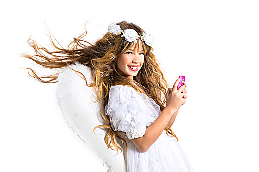 天使,金发,女孩,手机,智能手机,羽毛,翼,白色背景