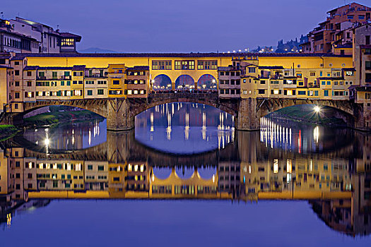 维奇奥桥,上方,阿诺河,对称,倒影,蓝色,钟点,佛罗伦萨,托斯卡纳,意大利,欧洲