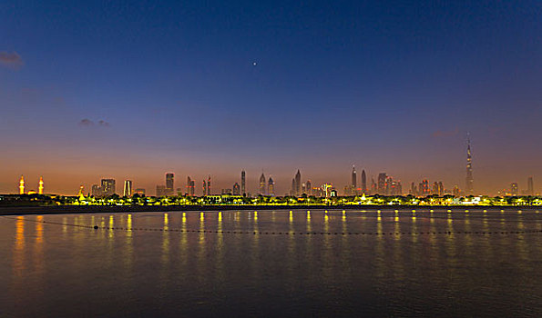 市区,迪拜,海滩,夜晚,阿联酋