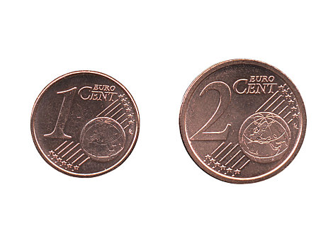 一个,两个,欧元,分币,硬币,欧盟,隔绝,上方,白人