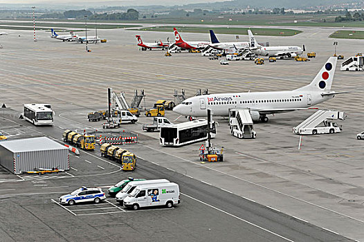 航空公司,波音,短,降落,斯图加特,机场,巴登符腾堡,德国,欧洲
