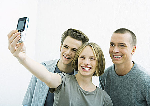三个,年轻,朋友,照相,一起,手机