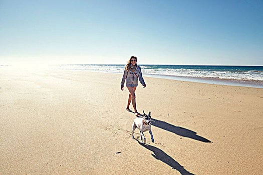 成年,女人,跑,狗,海滩,西班牙
