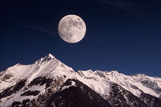 山,满月,悬挂,上方,阿尔卑斯山,奥地利