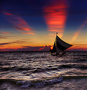 热带,日落,帆船,长滩岛,菲律宾