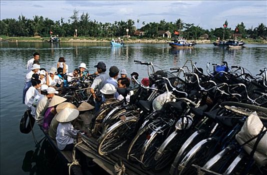 自行车,渡轮,河,惠安,广南省,越南,亚洲