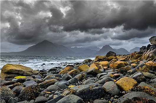 风景,海岸线,石头,山,苏格兰