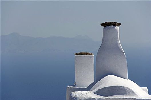 烟囱,屋顶,锡拉岛,基克拉迪群岛,爱琴海,希腊