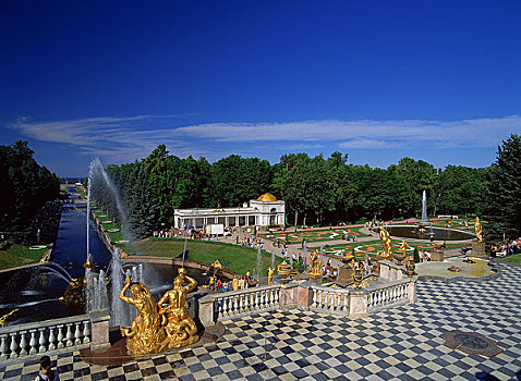 圣彼得堡城市景点,海洋运河全景,绿荫喷泉