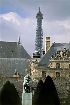 法国,巴黎,院落,罗丹博物馆,雕塑,埃菲尔铁塔,背影