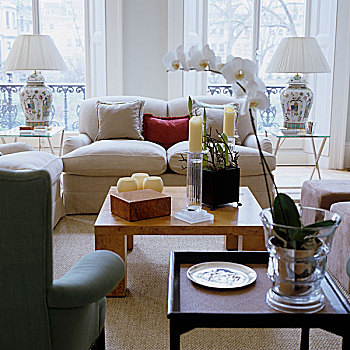 现代,木质,茶几,灯光,软垫,沙发,正面,窗户