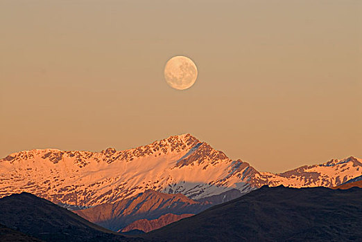 日落,月亮,高处,高山辉,顶峰,南阿尔卑斯山,风景,壮观,南岛,新西兰