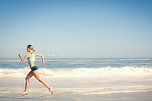 健身,女人,慢跑,海滩