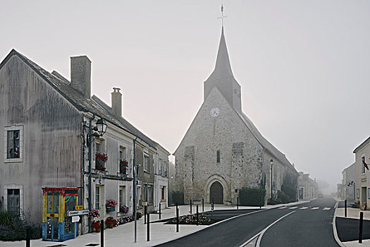 道路,教堂,乡村,模糊,早晨,卢瓦尔河谷,法国