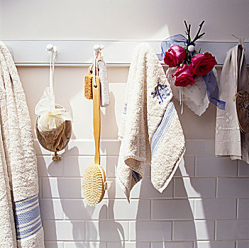 特写,毛巾,刷,悬挂,浴室