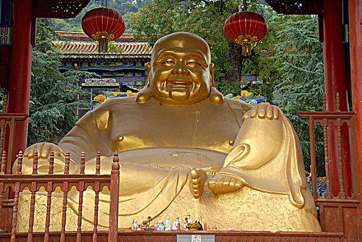 中国,佛教,笑,佛,金色雕像,庙宇,石林,云南,共和国,亚洲