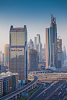 阿联酋,迪拜,市区,高层建筑,建筑,道路,俯视图,黎明