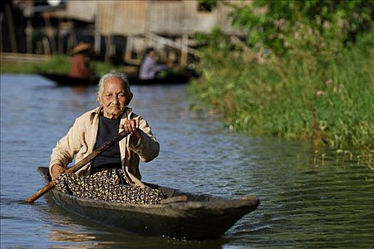 老,女人,船,茵莱湖,缅甸,东南亚