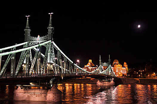 布达佩斯,光亮,晚上,自由,桥,上方,多瑙河,酒店,匈牙利