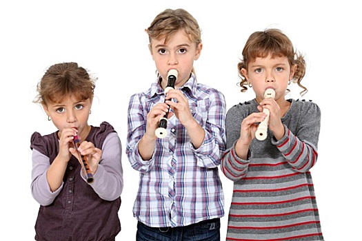 三个,小,女孩,演奏,笛子