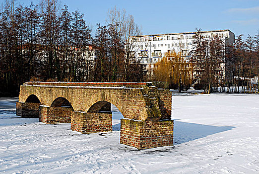 老,高架桥,三个,拱,雪,冰,梅地亚帕克,莱茵兰,北莱茵威斯特伐利亚,德国,欧洲