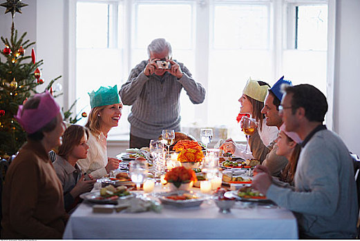 爷爷,照相,家庭,圣诞晚餐